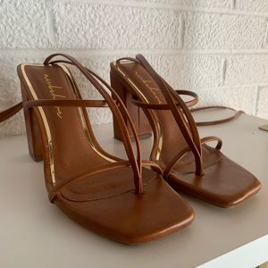 Brown strappy block heel sandal from Akira